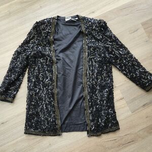 Sequin 2 Piece Embellished Open-Front Jacket & Skirt- Black with Gold Trim